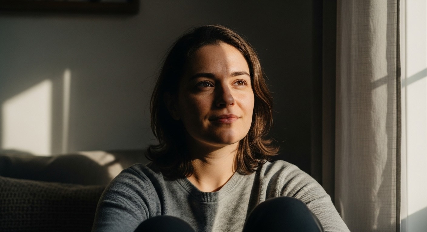 A person sitting by a softly lit window, half in shadow and half in light, symbolizing healing the inner critic through self-compassion.