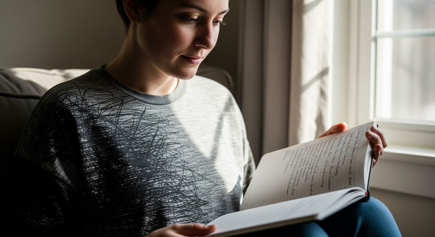 A person journaling by a sunlit window as scribbles fade into clear writing, symbolizing healing negative core beliefs through awareness.