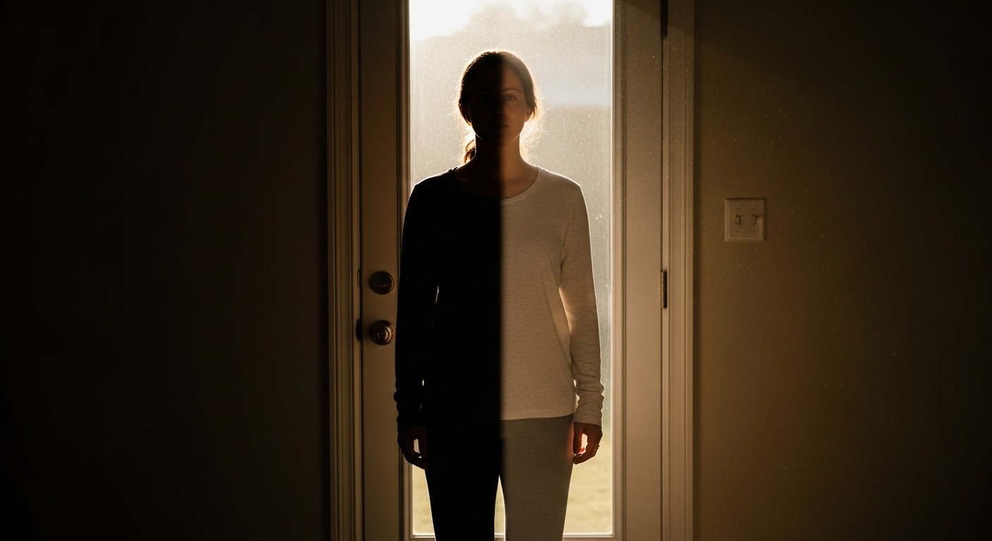 A person standing in warm light at the edge of shadow, symbolizing courage and awareness in questioning old beliefs and finding self-truth.