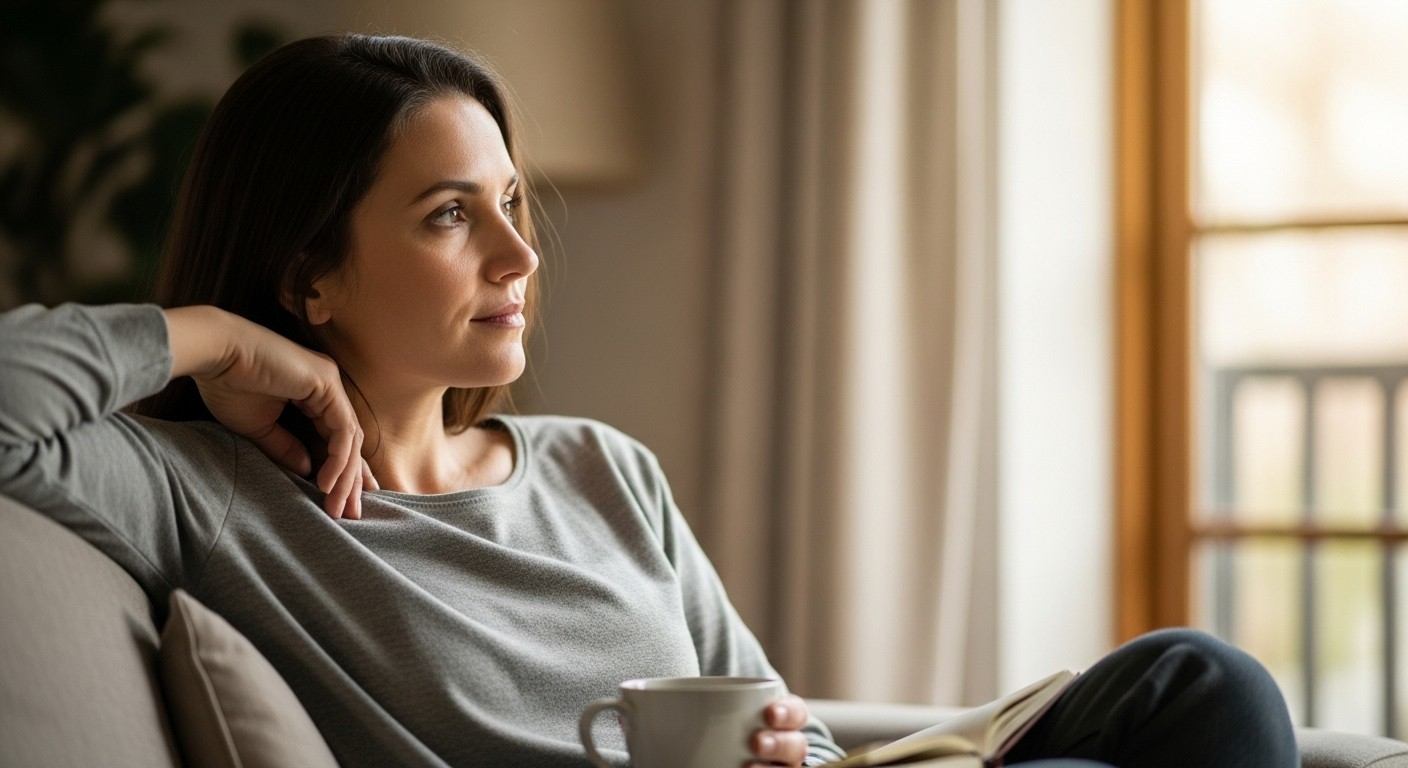 A woman sitting in soft morning light, shoulders relaxed and gaze thoughtful, symbolizing release from over-responsibility and growing self-awareness.