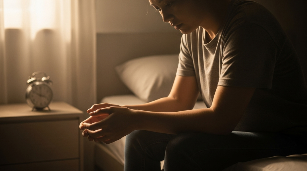 Person sitting in soft light with lowered gaze, reflecting the emotional weight of hiding and carrying shame
