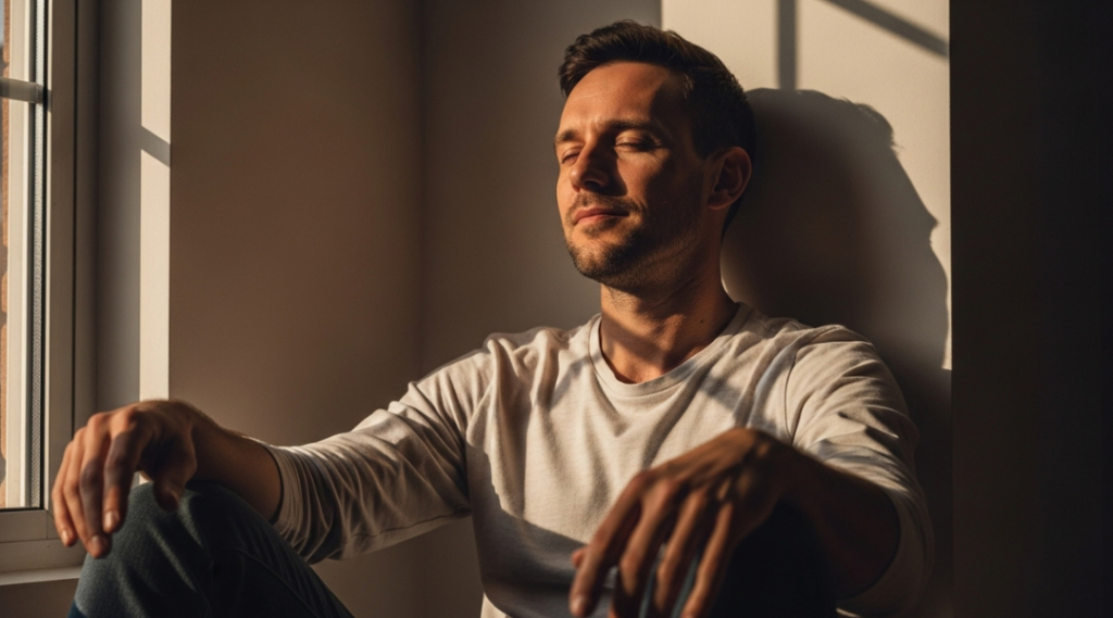 Man sitting in soft window light with relaxed posture, reflecting the process of learning to trust his own voice and let go of hypervigilance