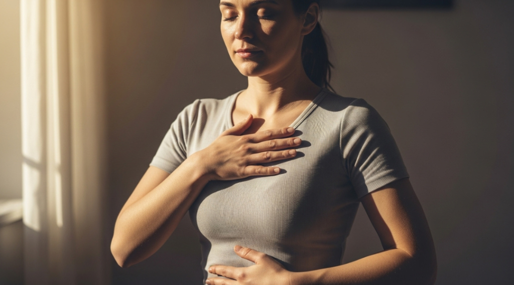 Woman with eyes closed and hands on her body, reconnecting with her own feelings and boundaries through somatic awareness