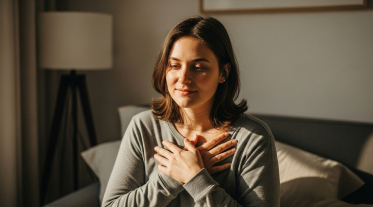 Person sitting in soft natural light with hands over their chest, symbolizing self-kindness and emotional gentleness.